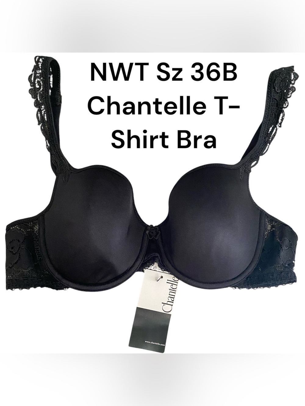 Sz 36B Chantelle Black Lace-Trim T-Shirt Bra NWT